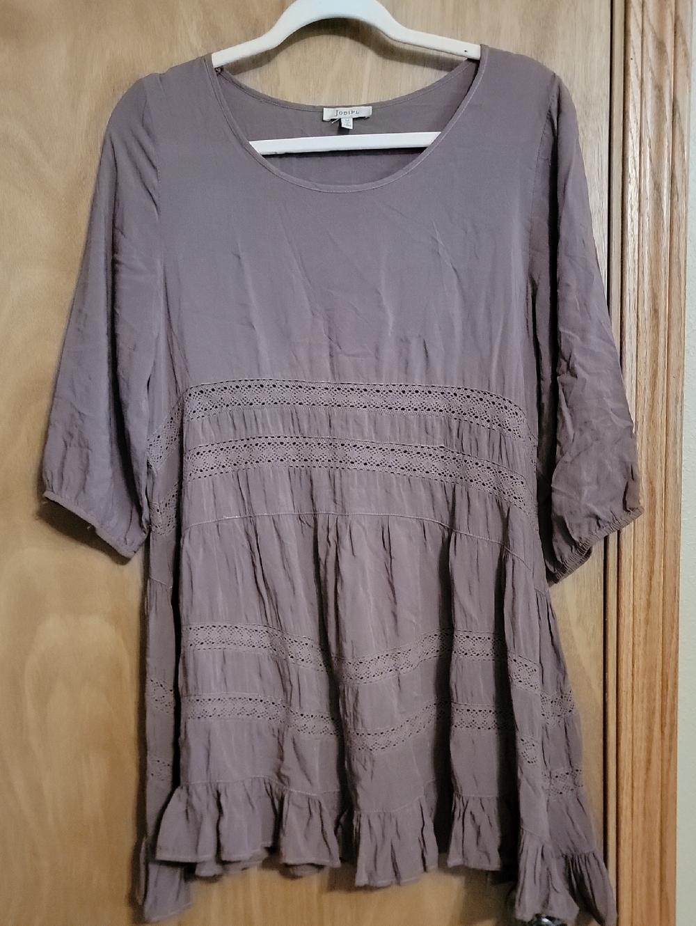 JODIFL Brown Crochet-Trim Tiered Tunic